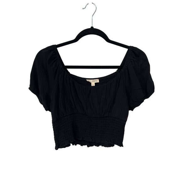 L.A. Hearts Smocked Cropped Top Small Black Lightweight Short Sleeve Stretchy Ra - Picture 1 of 7